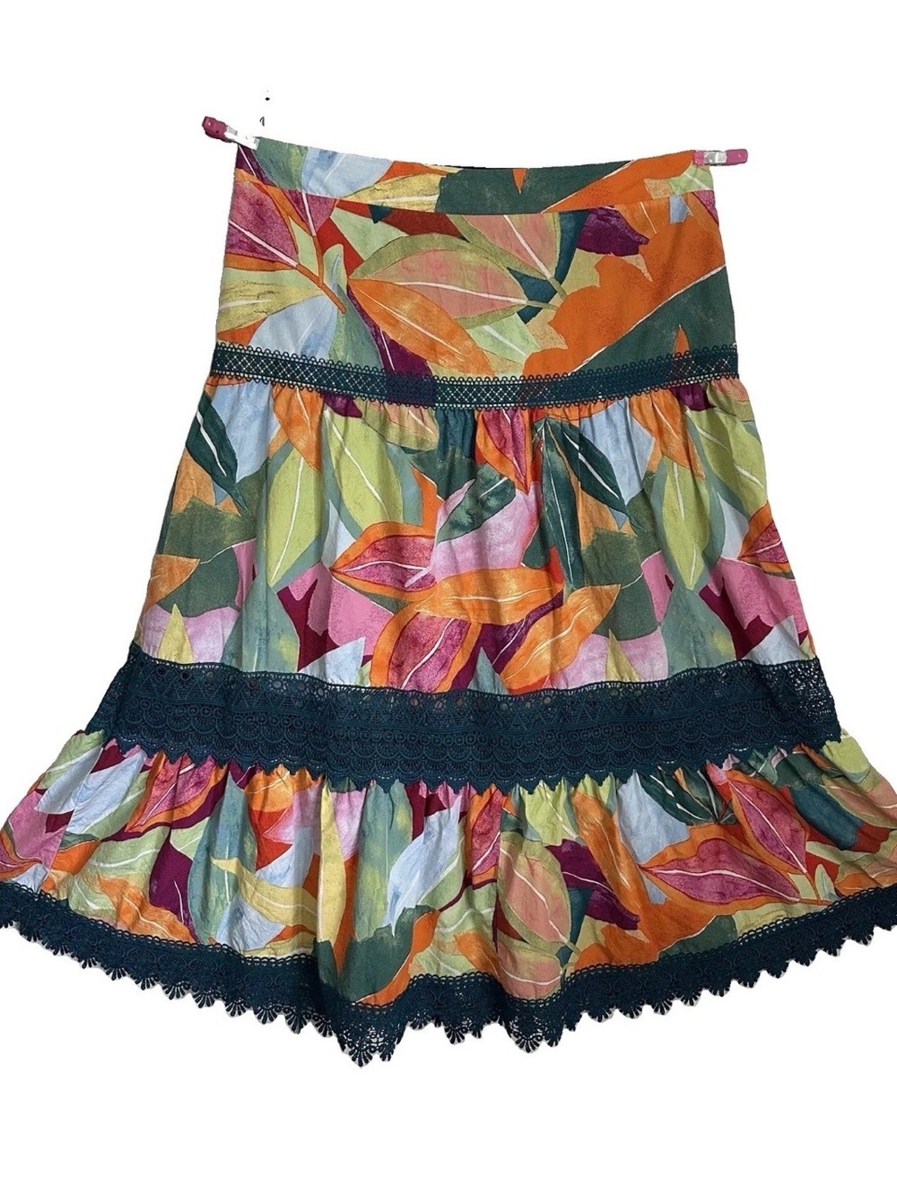 Time and Tru Tiered Midi Skirt Womens L 12-14 Tropical Floral Lace Boho Summer